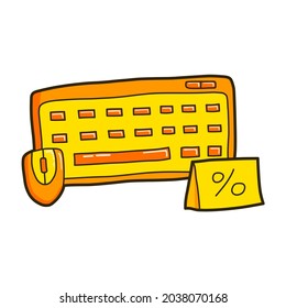 discount keyboard and mouse computer accessories set vector illustration icon design template with filled outline doodle hand drawn style for shop and market