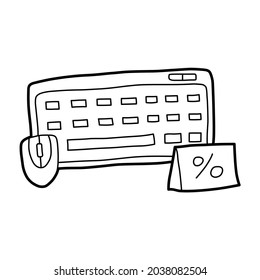 discount keyboard and mouse computer accessories set vector illustration icon design template with outline doodle hand drawn style for shop and market