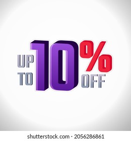 Etiqueta de descuento de hasta un 10% de descuento en la Ilustración de diseño de plantillas de vectores 3D. Volante de promoción, etiqueta retro