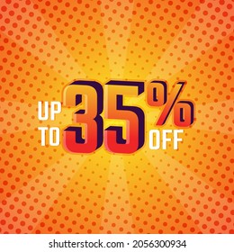 Discount Label up to 35% off Vector with Halftone Comic Background Template Design Illustration. Promotion Flyer, Retro Label