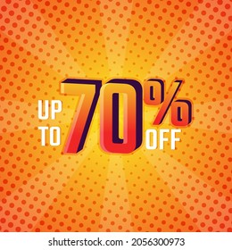 Rabatt auf Label bis zu 70 % auf Vektorgrafik mit Halbmond-Design-Illustration für Comic-Hintergrundvorlagen. Werbeflyer, Retro-Label