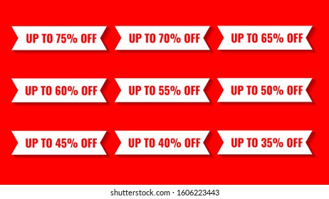 Discount Label. between, up to 35% off and 75% off. Sale tag vector badge template