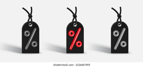 Discount Label, Black Sale Tag With Red Percent. Hang Tag With Cord. Promotional Sale Bagde, Realistic Black Tag.