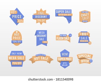 Discount label design, sale badges, coupons. Labels and tags with advertising info for promotion and big sales. Special offer tag collection, banner elements for website and advertising. Vector.