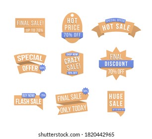 Discount label design, sale badges, coupons. Labels and tags with advertising info for promotion and big sales. Special offer tag collection, banner elements for website and advertising. Vector.