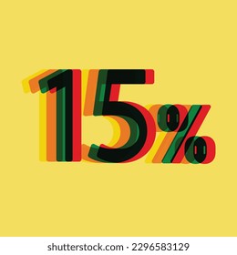 Plantilla de diseño de etiqueta de descuento. Estilo moderno con 15% de ilustración vectorial de cashback para anuncios de venta. Números multicolores sobre fondo amarillo.
