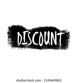 Discount label. Hand written sign on watercolor banner. Vector white on black backdrop. Clipping paths included.