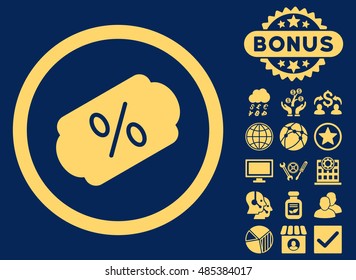 Discount Label icon with bonus design elements. Vector illustration style is flat iconic symbols, yellow color, blue background.