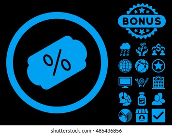 Discount Label icon with bonus elements. Vector illustration style is flat iconic symbols, blue color, black background.