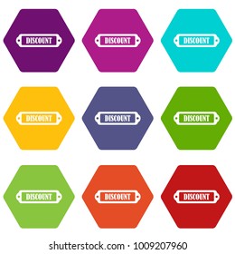 Discount label icon set many color hexahedron isolated on white vector illustration