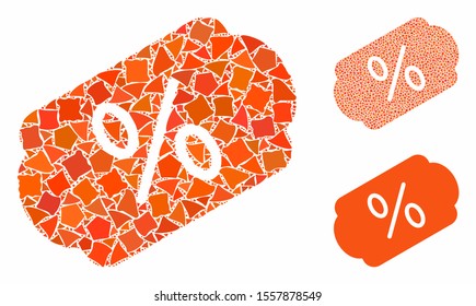 Discount label mosaic of unequal parts in variable sizes and color tones, based on discount label icon. Vector unequal parts are united into illustration.