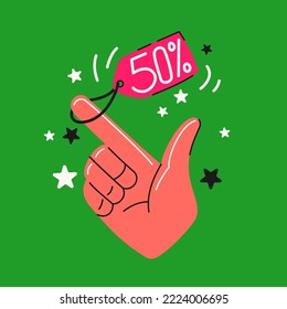 Una etiqueta de descuento en mano de una persona. El afiche publicitario original para la venta. Ilustración vectorial.