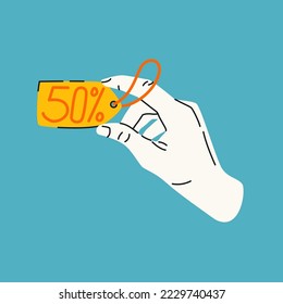 Una etiqueta de descuento en mano de una persona. El afiche publicitario original para la venta. Ilustración vectorial.