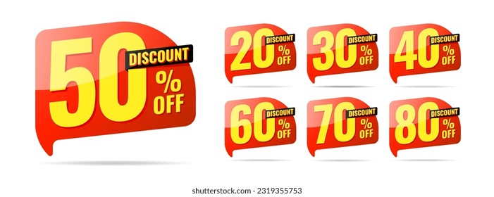 Discount label pop up banner with different sale percentage. 20, 30, 40, 50, 60, 70, 80 percent off price reduction badge promotion design emblem set vector illustration isolated on white background.