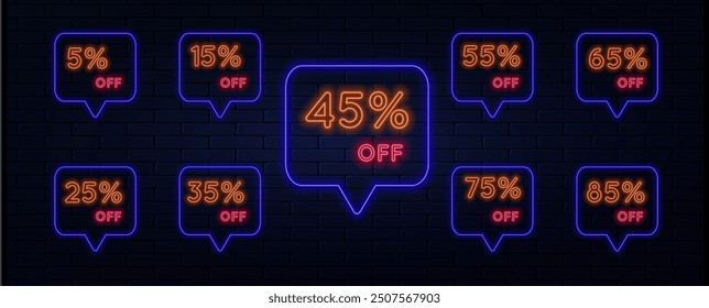 Discount label set. neon style. discount up to 5,15,25, 35, 45, 55, 65, 75, 85 percent off. Price reduction with different discount value. Sale label vector illustration.