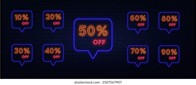 Discount label set. neon style. discount up to 10, 20,30, 40, 50, 60, 70, 80, 90 percent off. Price reduction with different discount value. Sale label vector illustration