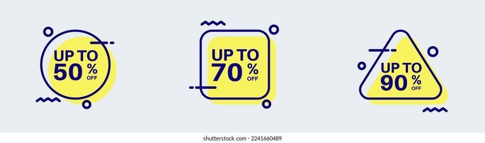 Discount label sticker in retro design style. Sticker with 50, 70, 90, percent off special price.