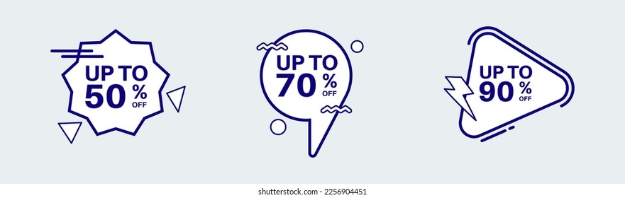 Discount label sticker in retro design style. Sticker with 50, 70, 90, percent off special price.