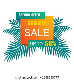Discount label summer sale banner template. Summer abstract geometric background with palm leaves.Tropical style, seasonal design vector illustration
