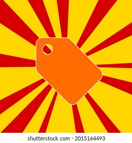 Símbolo de etiqueta de descuento en un fondo de líneas radiales de explosión de flash rojo. En el centro de la salida del sol hay un gran símbolo naranja. Ilustración del vector sobre fondo amarillo