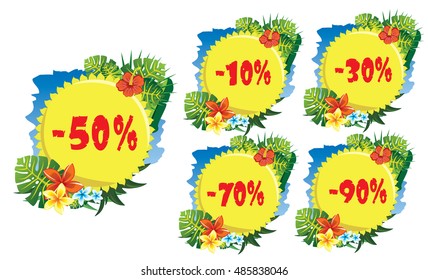 discount label tropical flowers and sun