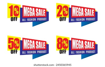 Discount label with variable sale percentage. 10, 20, 50, 80 percent off. Promotion design - vector illustration isolated on white background - predominant colors: Blue, red and yellow