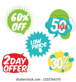 Discount labels. 60% off, 50% off, 30% off, low price, 2 days offer - vector illustration