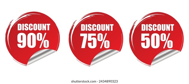  Discount labels. 90%, 75% and 50%. vector illustration of circles, brushes, red strokes for stickers, discount banners