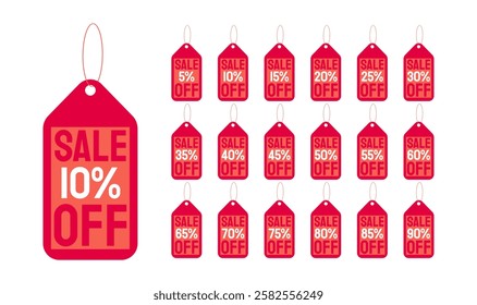 Discount labels with different percentages, in red, orange and white. 5, 10, 15, 20, 25, 30, 35, 40, 45, 50, 55, 60, 65, 70, 75, 80, 85, 90 percent off.