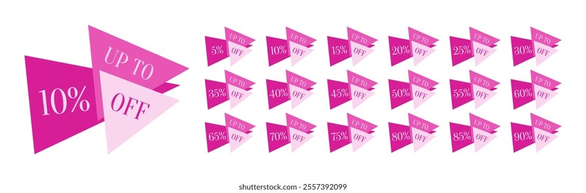 Discount labels in the form of 3 triangles with different shades of pink. 