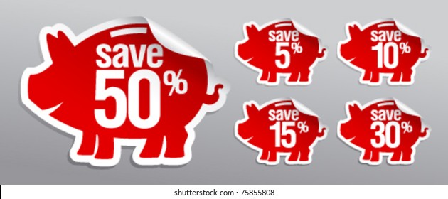 Discount labels in form of piggy bank.