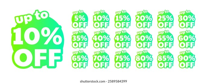 Discount labels with gradient shades of green. Citrus green, rounded shape. Up to 5, 10, 15, 20, 25, 30, 35, 40, 45, 50, 55, 60, 65, 70, 75, 80, 85, 90 percent off.