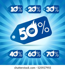 Discount labels for hot sale. Set of vector price-list label of 50%, 10%, 20%, 30%, 40%, 60%, 70% offer. Winter season, christmas and new year holidays fiery percent numbers on blue rays background.