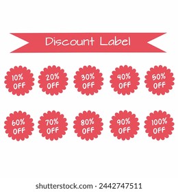 discount labels for packaged products, discounts 10%, 20%, 30%, 40%, 50%, 60%, 70%, 80%, 90%, 100%