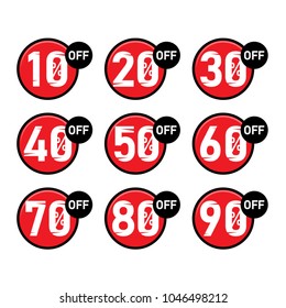 Discount labels. Price off tag icon. 10, 20, 30, 40, 50, 60, 70, 80, 90 percent sale. Vector illustration.