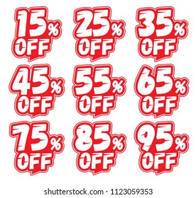 Discount labels. Price off tag icon. 15, 25, 35, 45, 55, 65, 75, 85, 95 percent sale. Vector illustration.