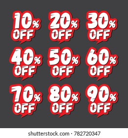 Discount labels. Price off tag icon. 10, 20, 30, 40, 50, 60, 70, 80, 90 percent sale. Vector illustration.