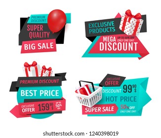 Discount labels with promo prices vector templates. Promo stickers with gift boxes, wrapped in paper, balloon and cart vector exclusive offer emblems