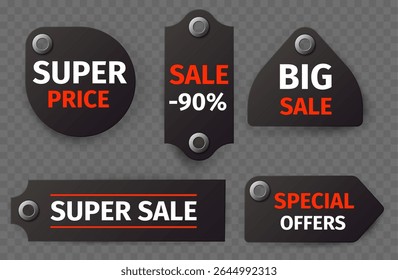 Discount labels. Sale stickers. Special offer banners of different shapes. 3D patches mockup. Shopping price tag attached with button. Advertising promotion. Vector