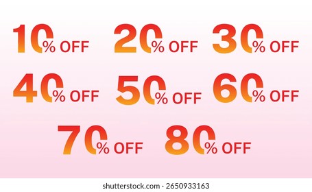 Discount labels set from 10% to 80% off with a gradient red-orange color, perfect for e-commerce sales, promotional banners, and marketing campaigns