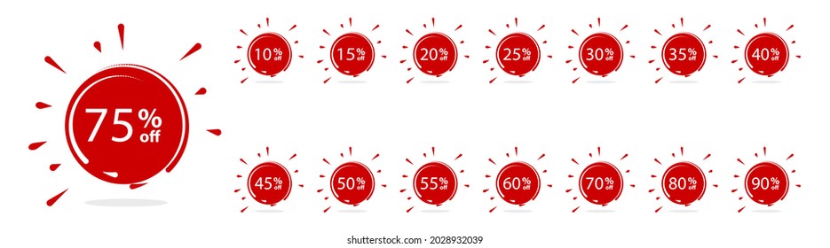 Rabattmarken festgelegt, 10 % Rabatt, 15 % Rabatt, 20 %, 25 %, 30 %, 35, 40, 45, 50, 55, 60, 70, 75, 80, 90 % Rabatt auf Etiketten, Verkaufsticker, Clearance-Aufkleber, Vektorausweise, Angebotspreis, ISO