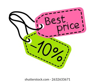 Discount labels showcasing a best price tag and a ten percent off offer in vibrant colors