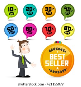 Discount Labels. Vector Sale Labels. Circle Colorful Icons with Businessman and Best Seller Medal.