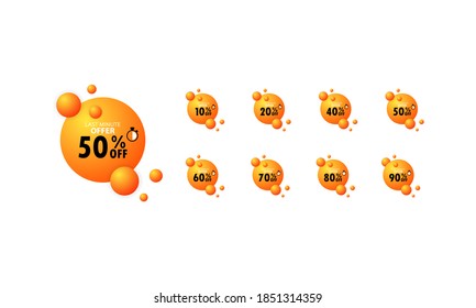 Discount last minute offer tag, 50, 20, 10, 40, 30, 60, 70, 80, 90 percent. Set sale off time emblem. Last minute discount. Vector on isolated white background. EPS 10