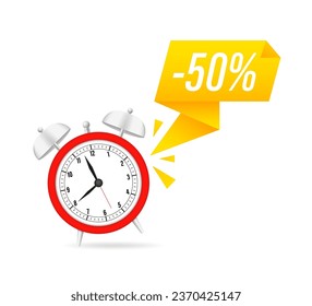 Discount last minute offer tag, 50 percent. Sale off time emblem, badge price discount number. Flat offer stamp, sticker clearance sale. Last minute discount. Alarm clock. Vector illustration