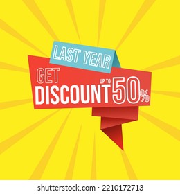 Discount last year up to 50 percent red banner with floating ribbon banner for promotions and offers.