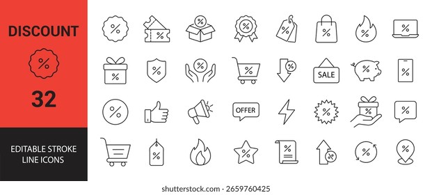 Conjunto de iconos editables de línea de descuento. Venta, oferta, etiqueta, Cupón, compras, oferta y más. Ilustración vectorial.
