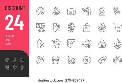 Discount Line Editable Icons set. Vector illustration in modern thin style featuring discount symbols, sale tags, coupons, and more. E-commerce and marketing design. Isolated on transparent background