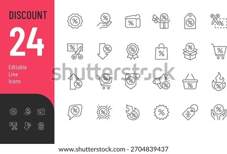 Discount Line Editable Icons set. Vector illustration in modern thin style featuring discount symbols, sale tags, coupons, and more. E-commerce and marketing design. Isolated on transparent background