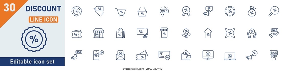 Discount line icon set. Set of 30 outline icons related to discount, price tag, coupon, special promo, promotion, shopping tag, cart, pricing and others. Editable stroke. Vector illustration.